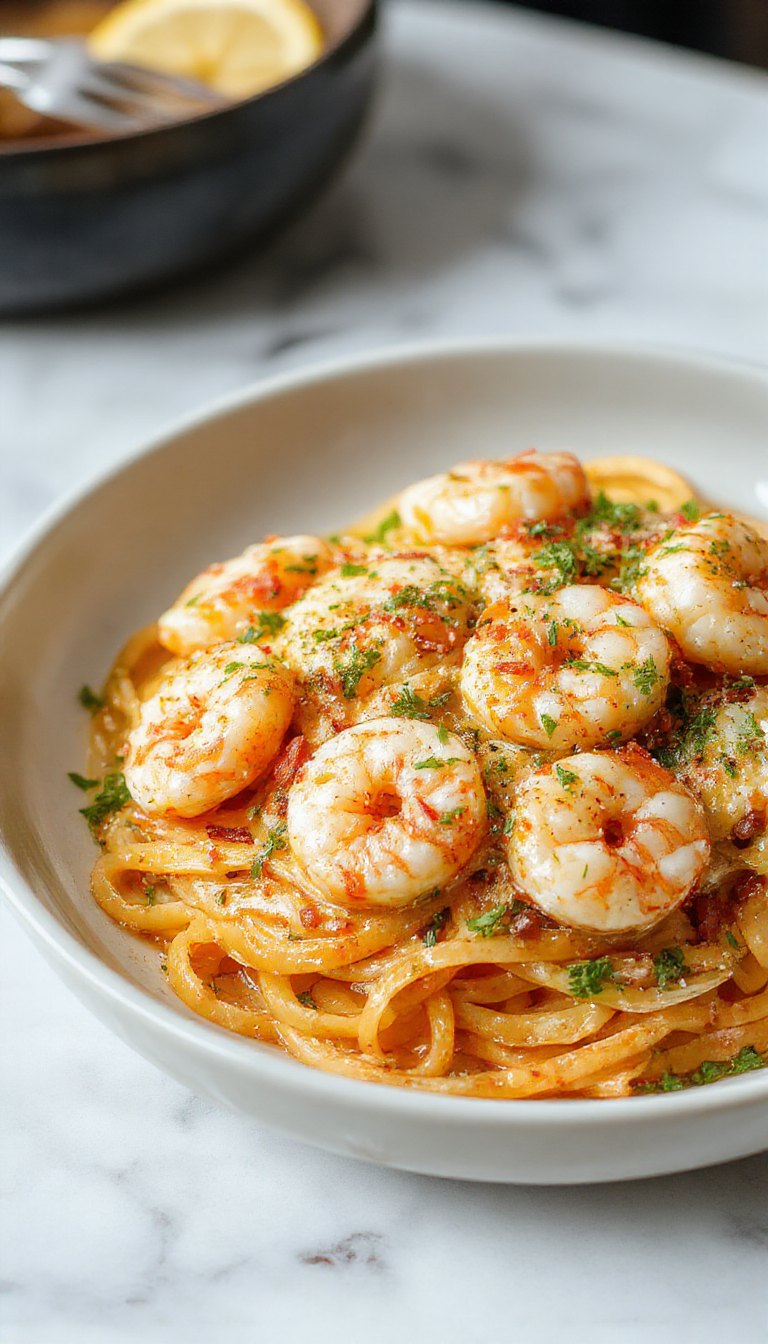 A vibrant plate of garlic butter shrimp pasta showcasing plump pink shrimp, golden garlic sauce coating al dente spaghetti, garnished with fresh parsley on a rustic wooden table