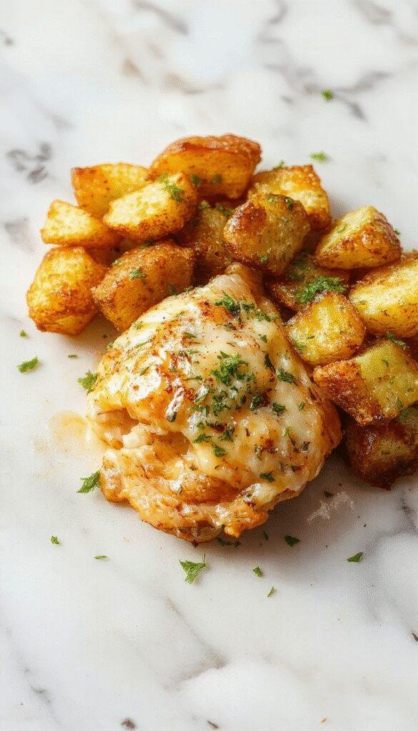 A vibrant plate featuring golden-brown garlic parmesan chicken tenders garnished with chopped parsley, accompanied by crispy roasted potatoes with seasoned edges, all beautifully arranged on a rustic white plate with a sprig of fresh herbs and a drizzle of sauce, set on a wooden table with natural lighting highlighting the textures and colors.