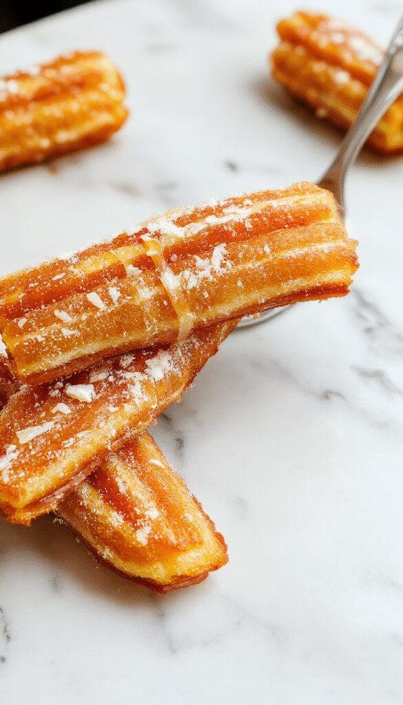 Golden baked churros dusted with cinnamon sugar, served on a rustic plate with dipping chocolate