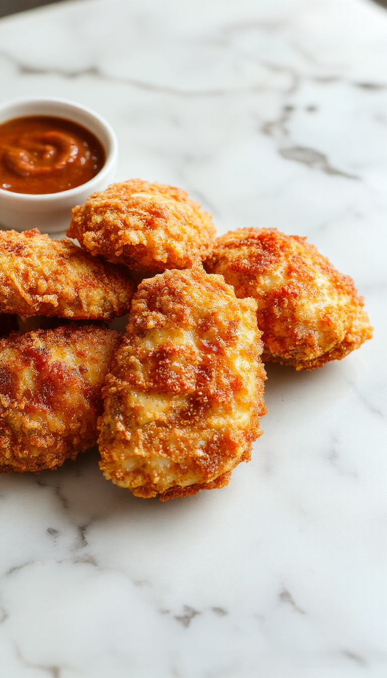 A plate of golden crispy chicken tenders served with dipping sauces on a rustic wooden table.