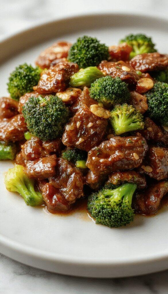 A vibrant plate of Golden Honey Garlic Beef and Broccoli Stir-Fry featuring tender beef slices, fresh broccoli florets, and a glossy honey garlic sauce, served on a white plate.