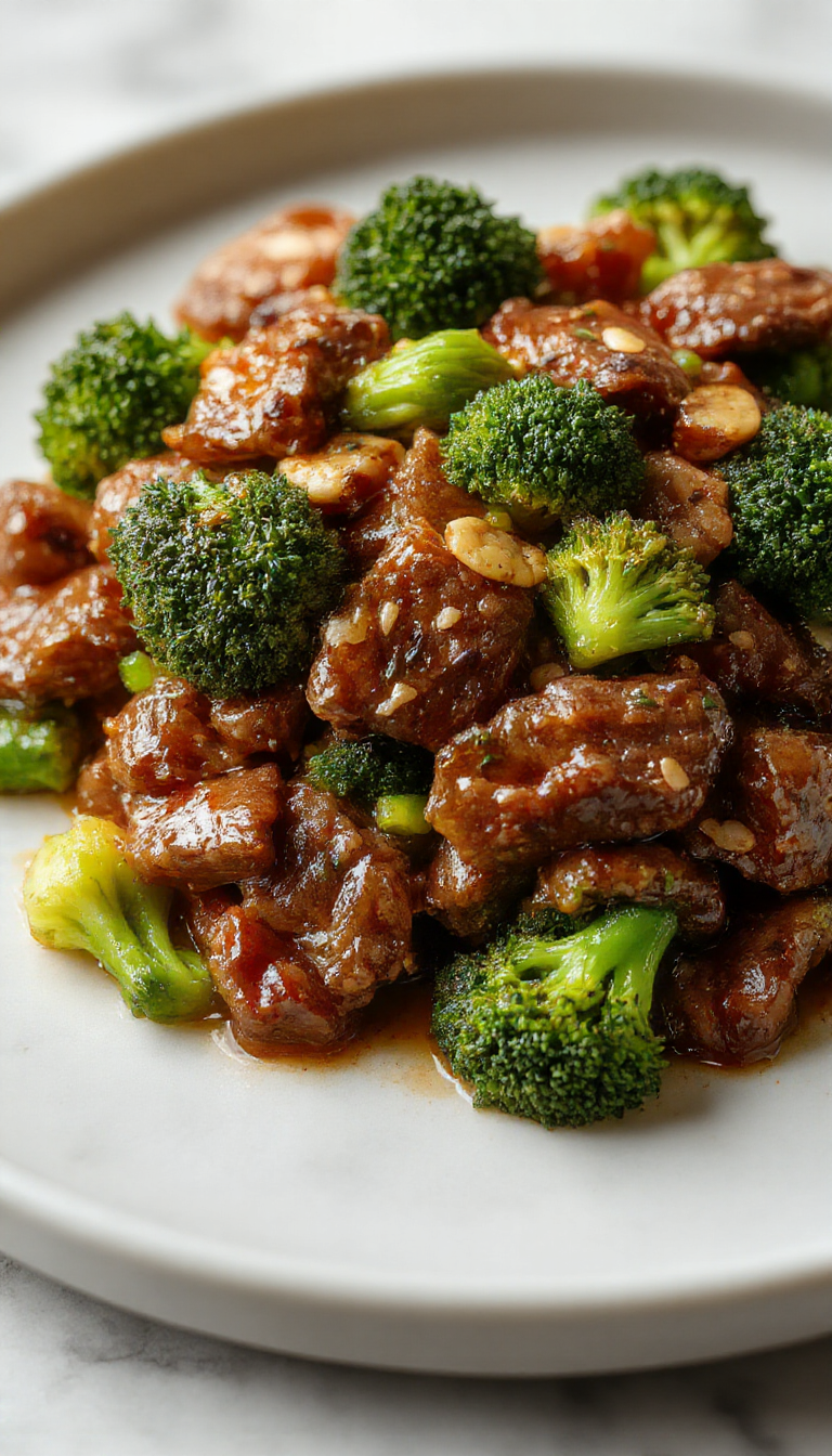 A vibrant plate of Golden Honey Garlic Beef and Broccoli Stir-Fry featuring tender beef slices, fresh broccoli florets, and a glossy honey garlic sauce, served on a white plate.