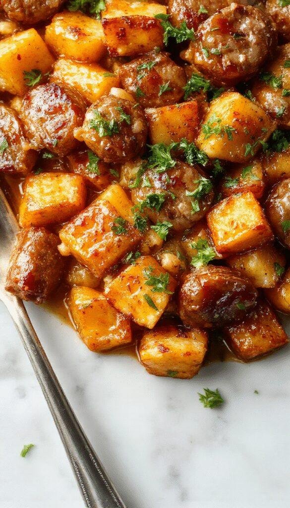 A vibrant skillet featuring golden honey garlic sausage slices nestled among roasted sweet potato chunks, garnished with fresh herbs.