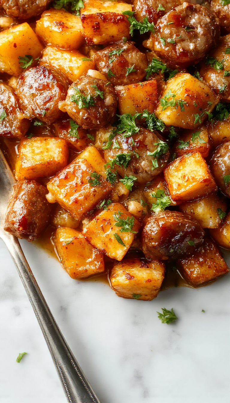 A vibrant skillet featuring golden honey garlic sausage slices nestled among roasted sweet potato chunks, garnished with fresh herbs.