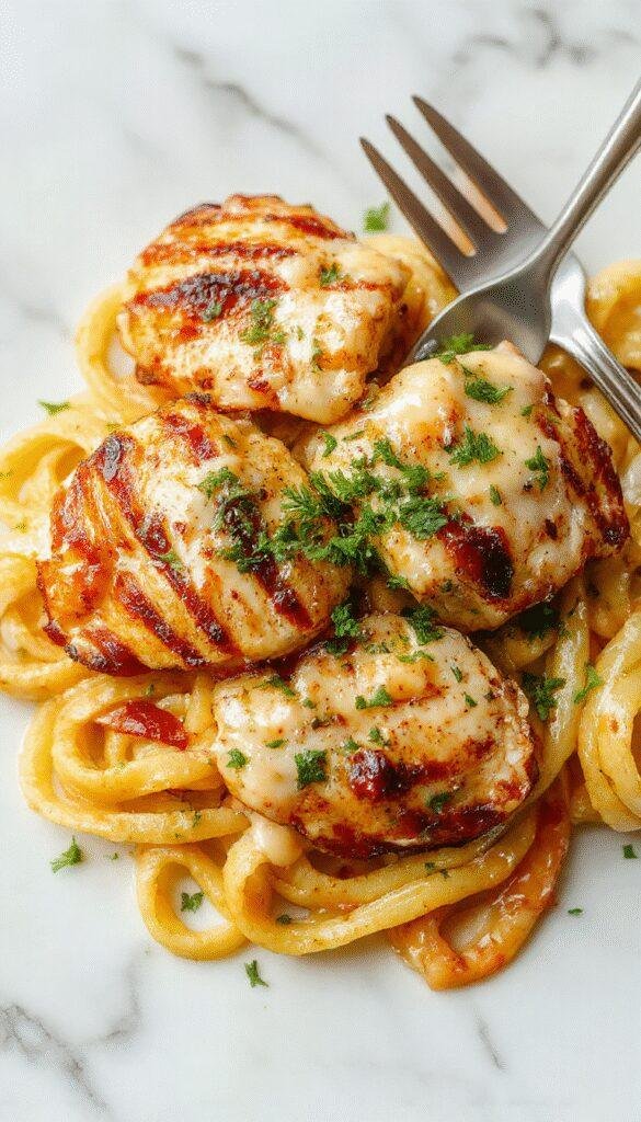 A plate of Grilled Chicken Alfredo featuring sliced grilled chicken breast atop creamy Alfredo pasta garnished with parsley.