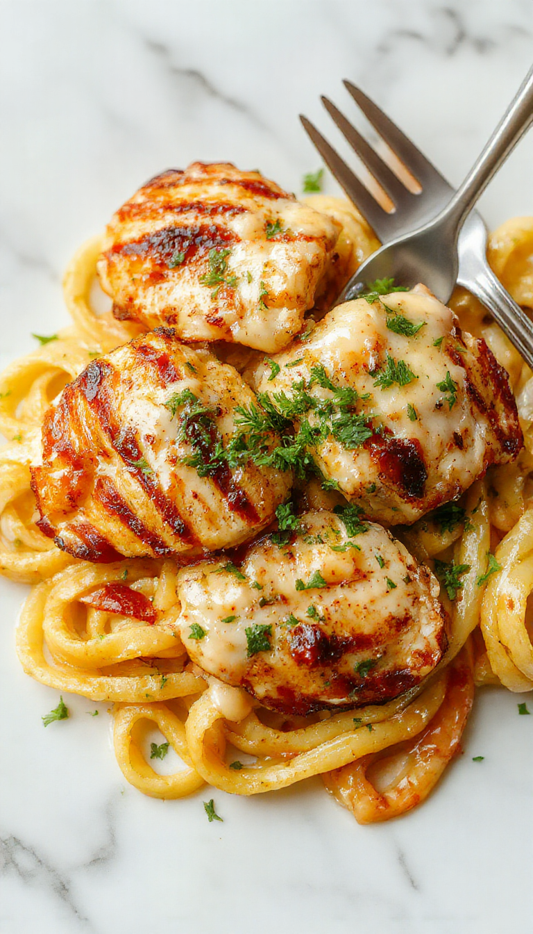 A plate of Grilled Chicken Alfredo featuring sliced grilled chicken breast atop creamy Alfredo pasta garnished with parsley.