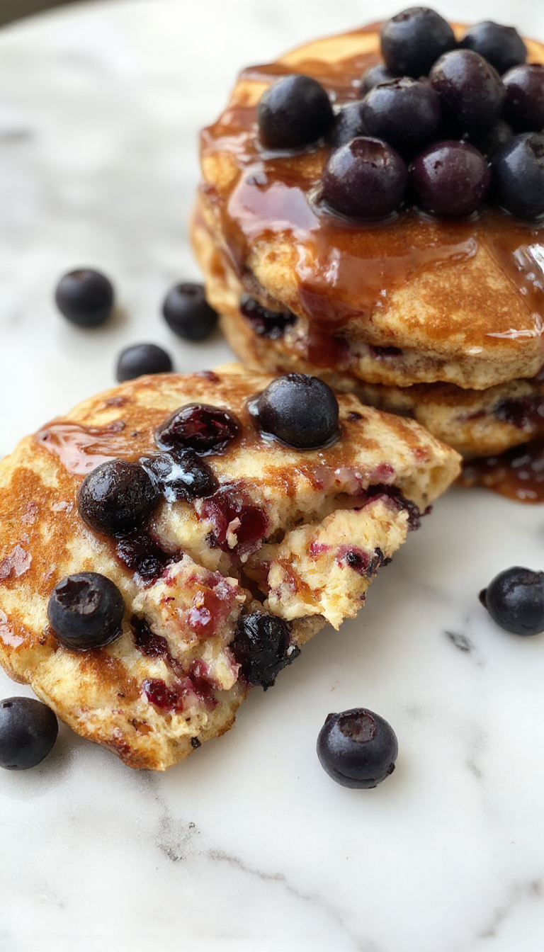 A stack of fluffy blueberry protein pancakes topped with fresh blueberries and drizzled with maple syrup on a breakfast plate.