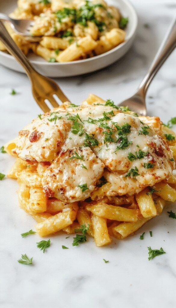 A vibrant plate of creamy garlic parmesan chicken pasta featuring tender pasta entwined with golden-brown chicken pieces topped with grated Parmesan and fresh herbs, all arranged elegantly on a white plate against a rustic wooden table, with golden garlic slices and sprinkled parsley visible around the dish.
