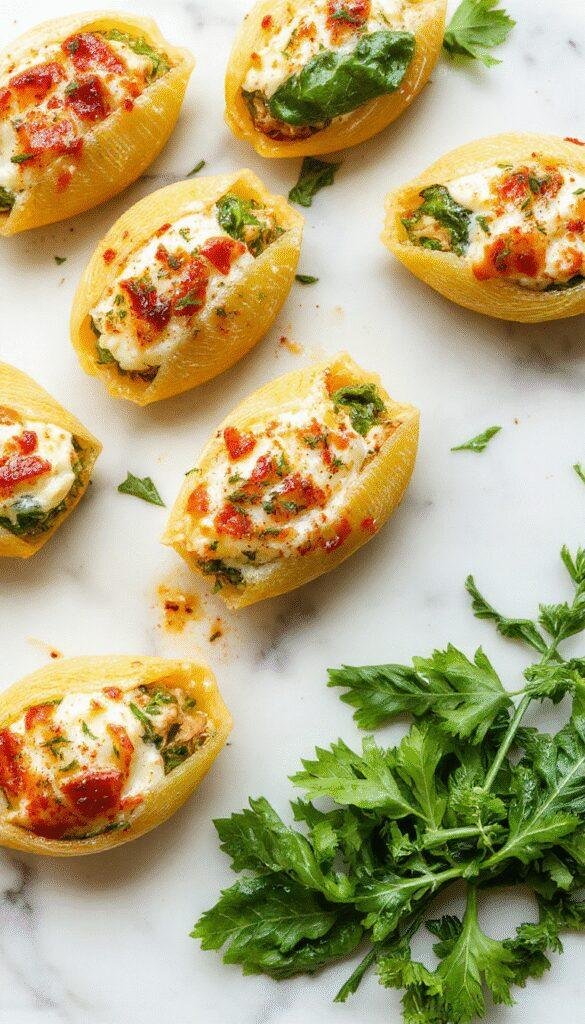 Colorful plate of baked spinach and ricotta stuffed shells topped with melted cheese and fresh herbs, garnished with vibrant spinach leaves, showcasing a golden-brown crispy top with creamy interior and Mediterranean style presentation.