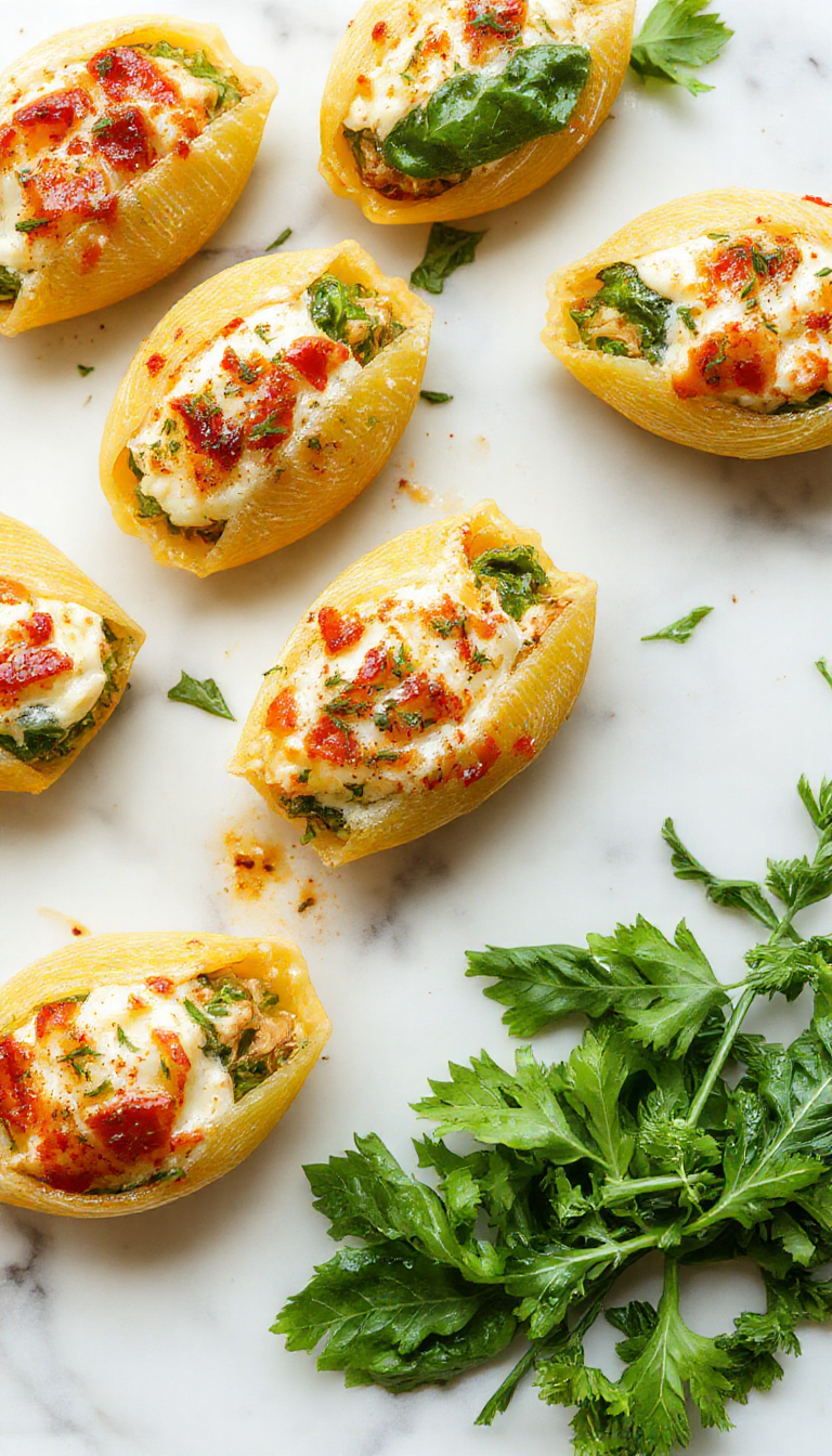 Colorful plate of baked spinach and ricotta stuffed shells topped with melted cheese and fresh herbs, garnished with vibrant spinach leaves, showcasing a golden-brown crispy top with creamy interior and Mediterranean style presentation.