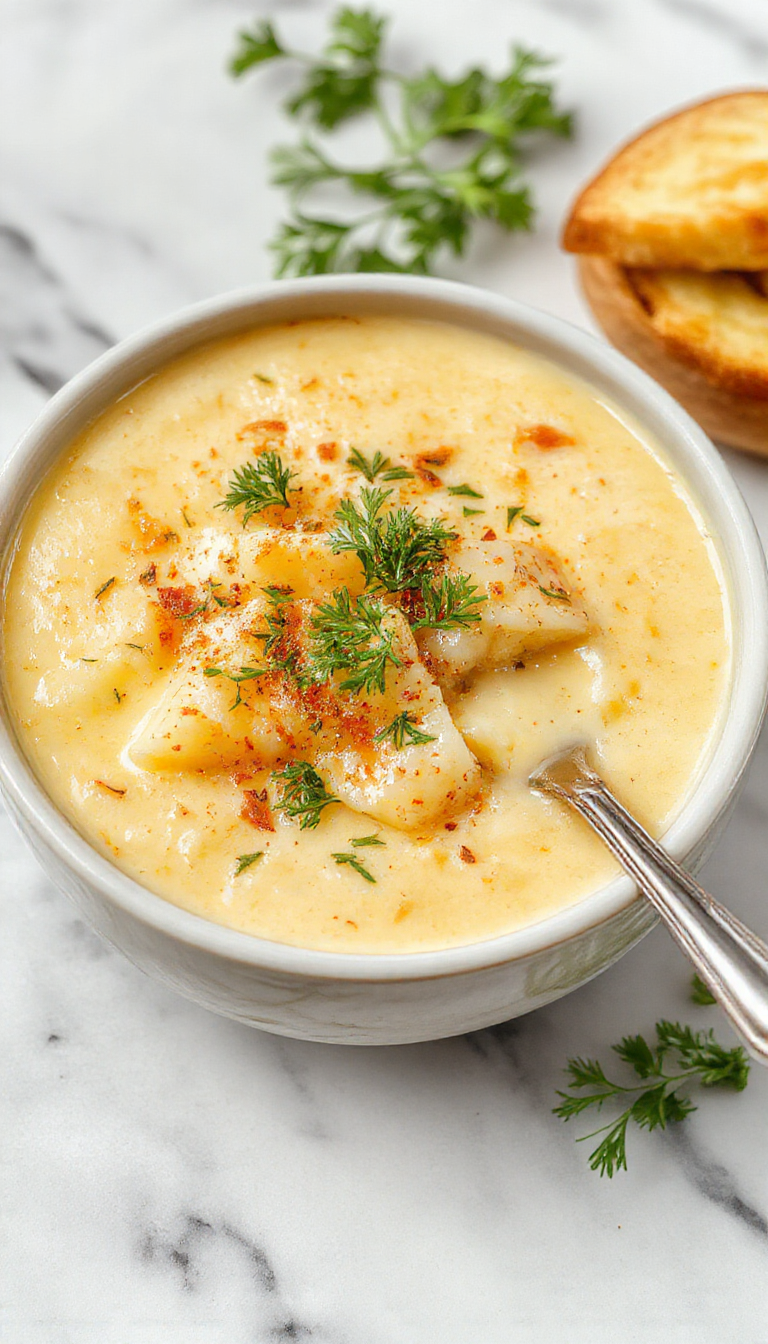 A steaming bowl of Hearty Cheddar Garlic Potato Soup garnished with chopped herbs and shredded cheese, with crunchy bread on the side.
