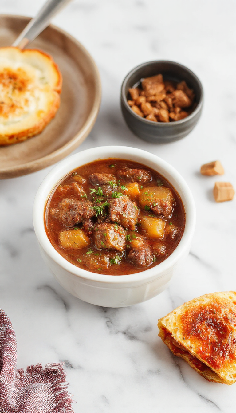 A rustic white bowl filled with tender chunks of beef, carrots, potatoes, and celery simmered in rich gravy. The stew is garnished with fresh herbs and set on a wooden table with a cozy kitchen background, steam rising to evoke warmth and comfort.