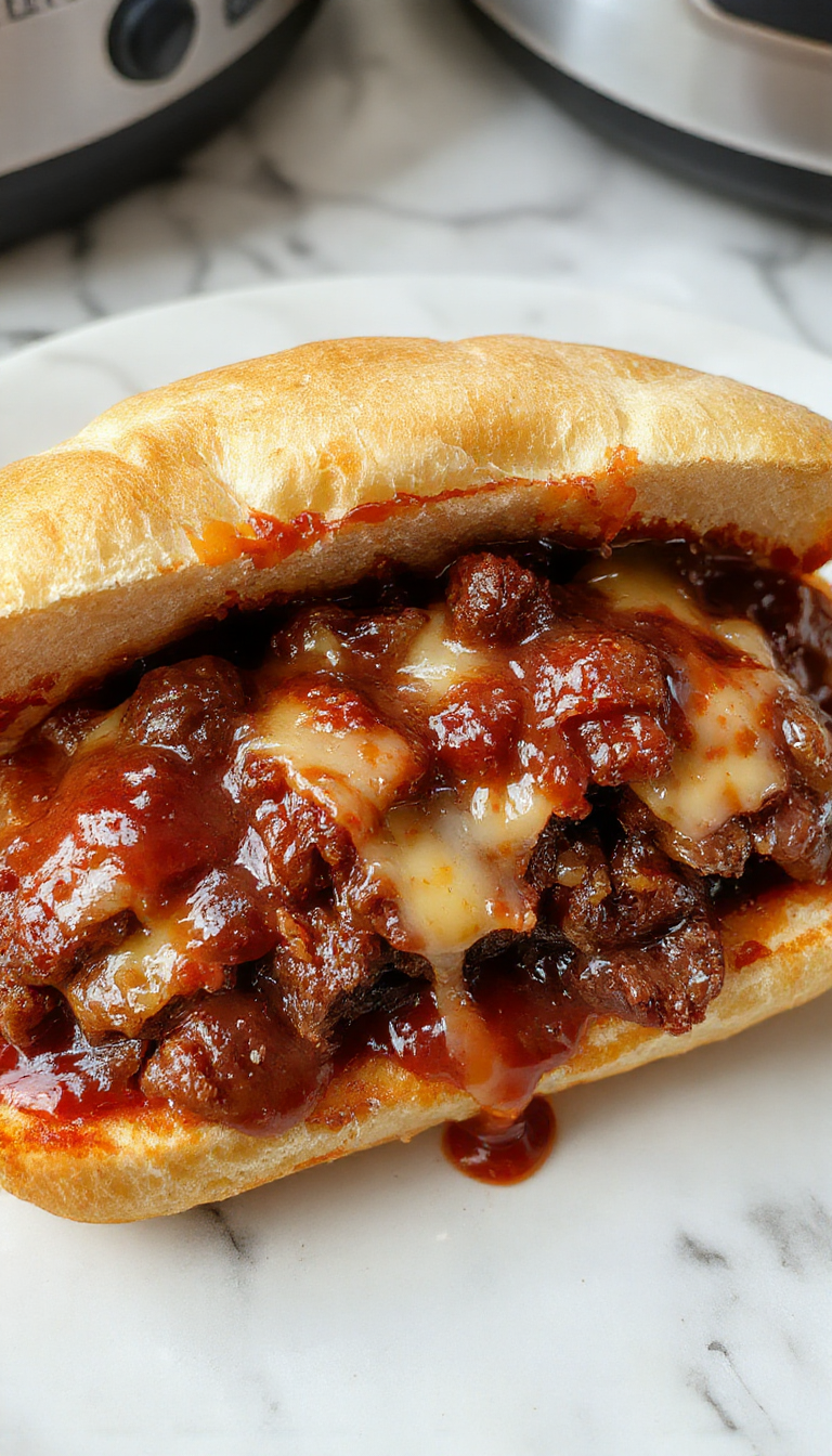 A close-up shot of a plated crockpot French dip sandwich featuring tender shredded beef piled in a toasted hoagie roll, topped with melted cheese and garnished with fresh herbs. The sandwich is served alongside a small bowl of rich beef au jus with steam rising, with the vibrant colors of the bread, beef, and cheese contrasting beautifully on a rustic wooden tray.
