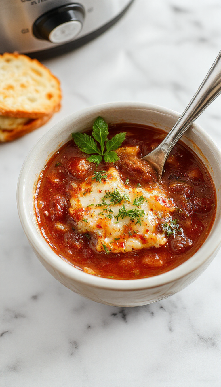 A vibrant bowl of crockpot lasagna soup featuring melted cheese, tender pasta, and rich tomato sauce topped with fresh basil and grated Parmesan, served in a rustic white bowl on a wooden table with crusty bread beside it, colorful herbs scattered around, inviting and warm.