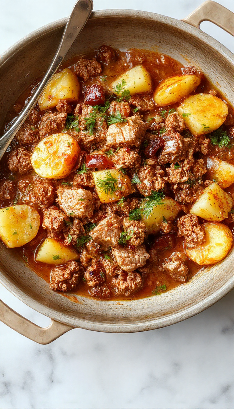 A vibrant skillet dish featuring golden-brown ground turkey nestled with tender roasted potatoes, garnished with fresh herbs on a rustic wooden table.