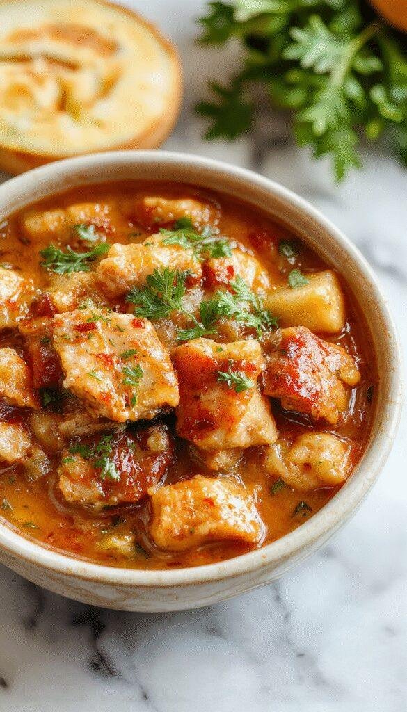 A colorful plate of slow cooked chicken stew featuring tender chicken chunks, carrots, potatoes, and celery in a rich, savory gravy, garnished with fresh herbs, served in a rustic bowl on a wooden table with steam rising, highlighting textures and warm tones.