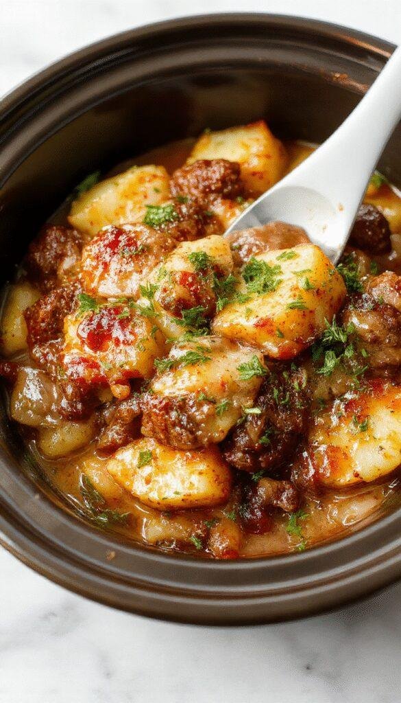 A comforting casserole dish in a rustic white bowl featuring layers of golden-brown potatoes, tender ground beef, melted cheese, and fresh herbs. The vibrant colors of the cooked ingredients create an inviting scene, with a wooden table background, steam rising, and a sprinkle of chopped parsley for garnish.