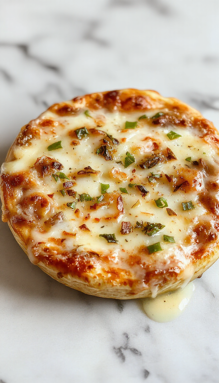 A close-up of a golden-brown French Onion Soup Pizza topped with caramelized onions, melted cheese, and fresh herbs on a rustic wooden platter, showcasing crispy edges and gooey cheese textures with vibrant onion slices and sprinkled herbs for visual appeal.