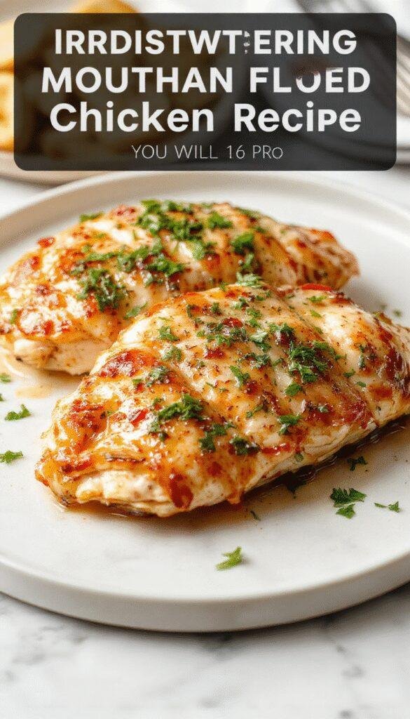 A perfectly cooked chicken breast placed on a white plate, garnished with fresh herbs and accompanied by colorful vegetables. The chicken has a golden-brown crispy exterior with moist interior, styled with a rustic wooden background and natural lighting highlighting its juicy texture.