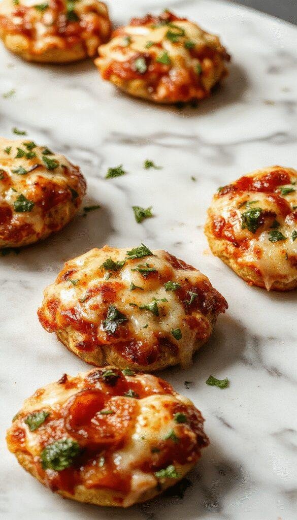 Close-up of golden, cheesy savory pizza bites garnished with fresh herbs on a rustic plate.