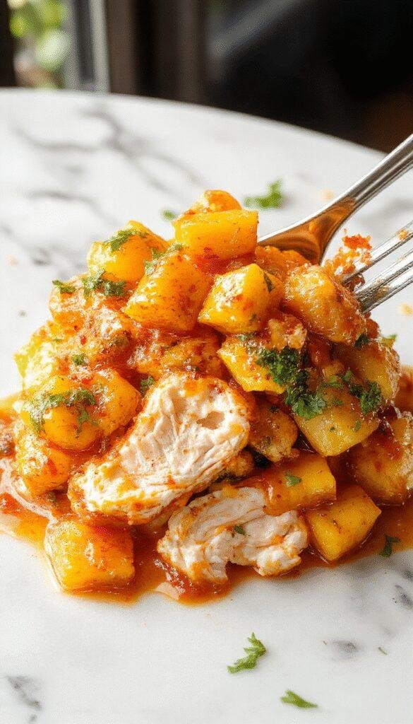 A vibrant bowl of mango chicken curry featuring tender chicken chunks coated in a rich, golden orange sauce with visible mango pieces, garnished with fresh cilantro. The dish is beautifully plated with colorful side herbs, glossy textures, and a rustic wooden background highlighting the tropical and savory appeal.