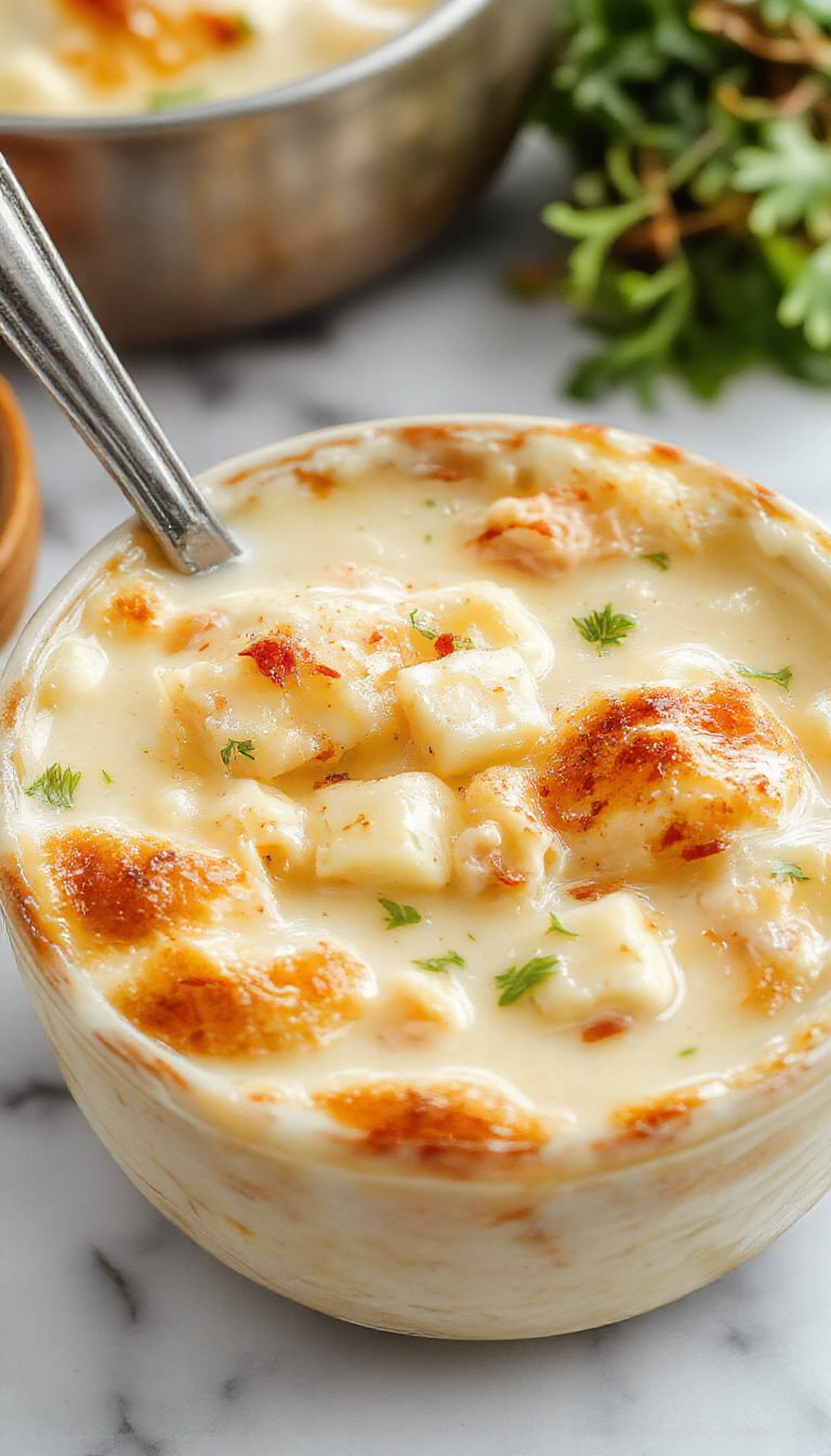 A steaming bowl of keto chicken pot pie soup showcasing a creamy, golden broth with tender diced chicken, sliced mushrooms, and crunchy herbs garnished with chopped parsley on a rustic wooden table.