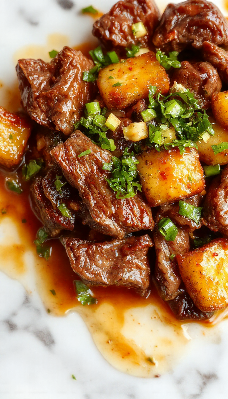 A vibrant plate of Korean beef stir fry featuring tender sliced beef glazed in a glossy, savory sauce. The dish is plated on a rustic wooden table, garnished with green scallions and sesame seeds, showcasing its colorful vegetables and perfectly cooked meat with a mixture of shiny, caramelized textures and fresh herbs.