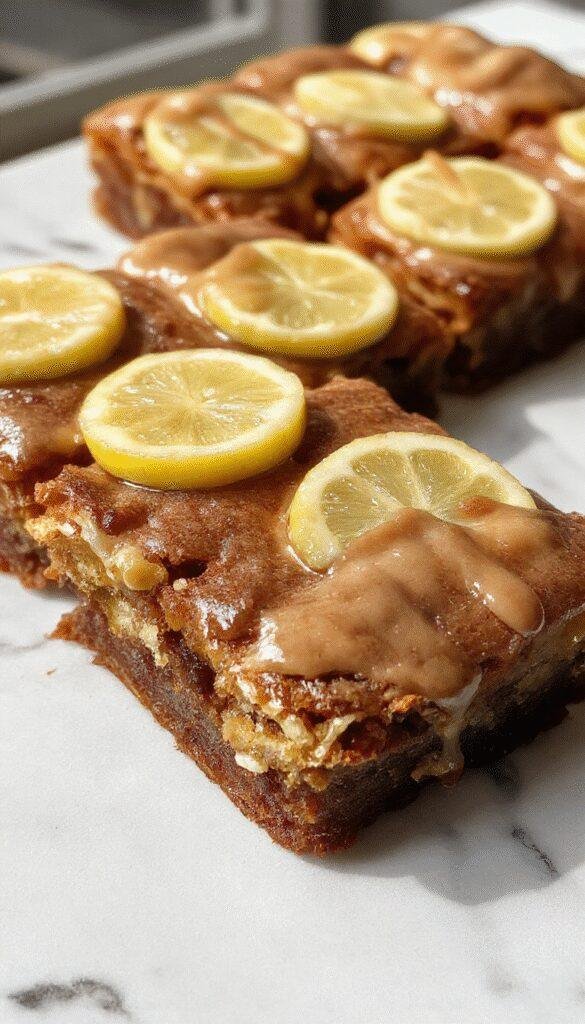 A close-up of golden lemon brownies topped with powdered sugar and fresh lemon slices, garnished with a sprig of mint on a rustic wooden table.
