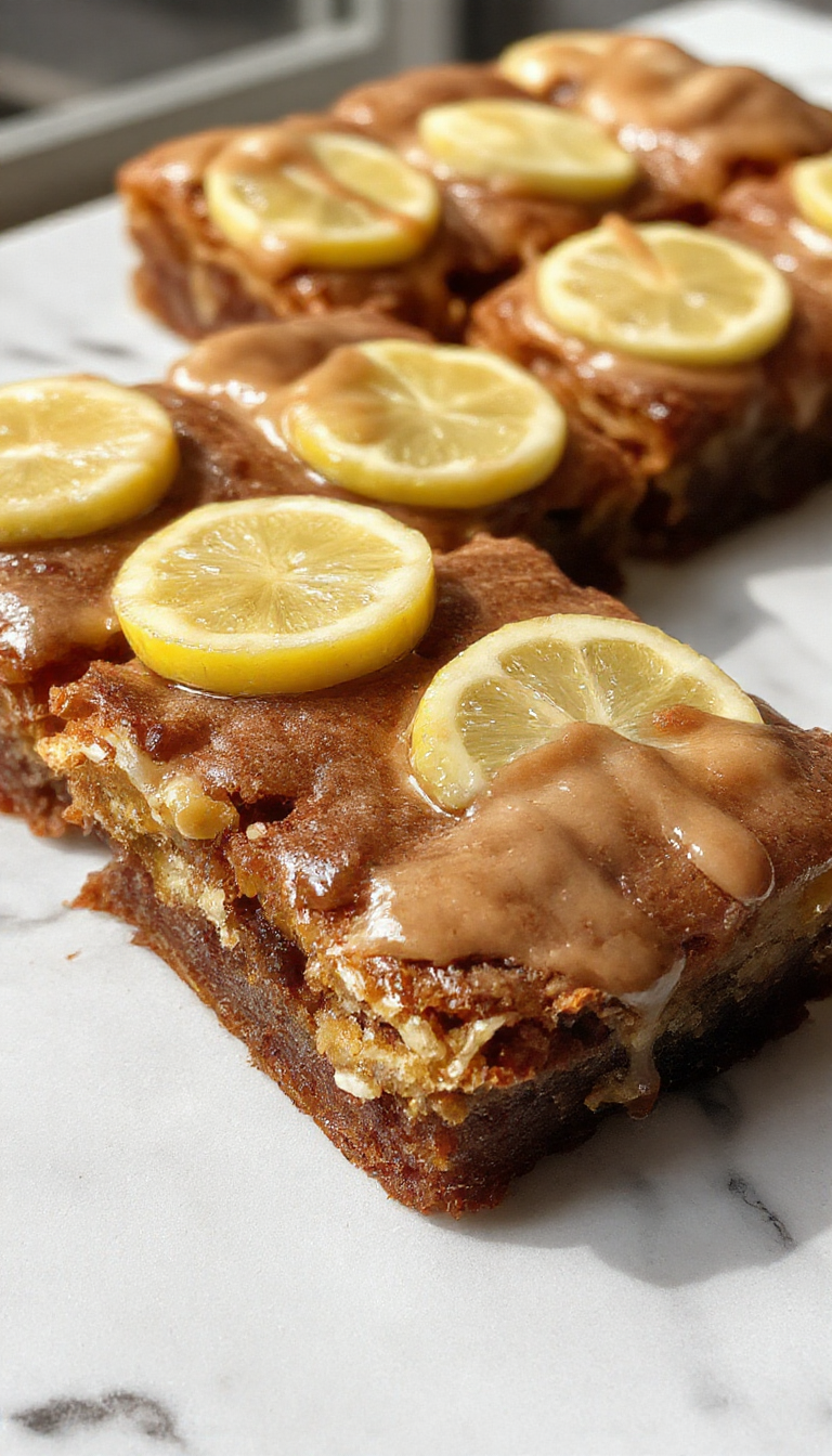 A close-up of golden lemon brownies topped with powdered sugar and fresh lemon slices, garnished with a sprig of mint on a rustic wooden table.