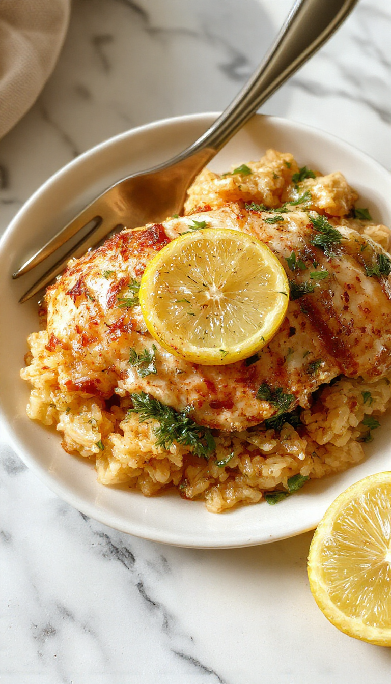 A vibrant plated serving of lemon herb chicken and rice featuring golden-brown chicken breasts garnished with fresh herbs, a side of fluffy rice infused with lemon slices, and colorful herbs scattered on a rustic white plate on a wooden surface with fresh lemons and herbs in the background.