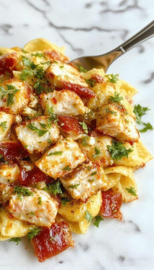 A vibrant Mediterranean Chicken Pasta Salad featuring colorful vegetables, grilled chicken pieces, and a zesty dressing, served in a large bowl.