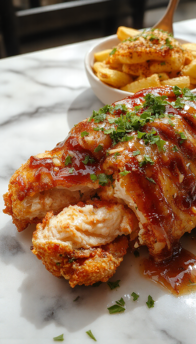 A close-up of a golden-brown baked chicken breast topped with melted butter and herbs, served on a rustic white plate alongside vibrant steamed vegetables and crispy potatoes, with a glossy sauce drizzled over. The dish is beautifully styled with fresh herbs and colorful garnishes, capturing a warm and inviting atmosphere.