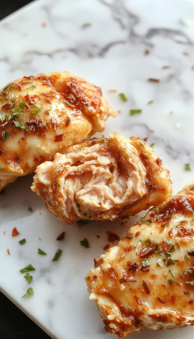 A close-up of a perfectly cooked piece of juicy chicken served on a white plate, with golden-brown crispy edges, garnished with fresh herbs and a side of vibrant vegetables, showcasing moist texture and seasoned coating.