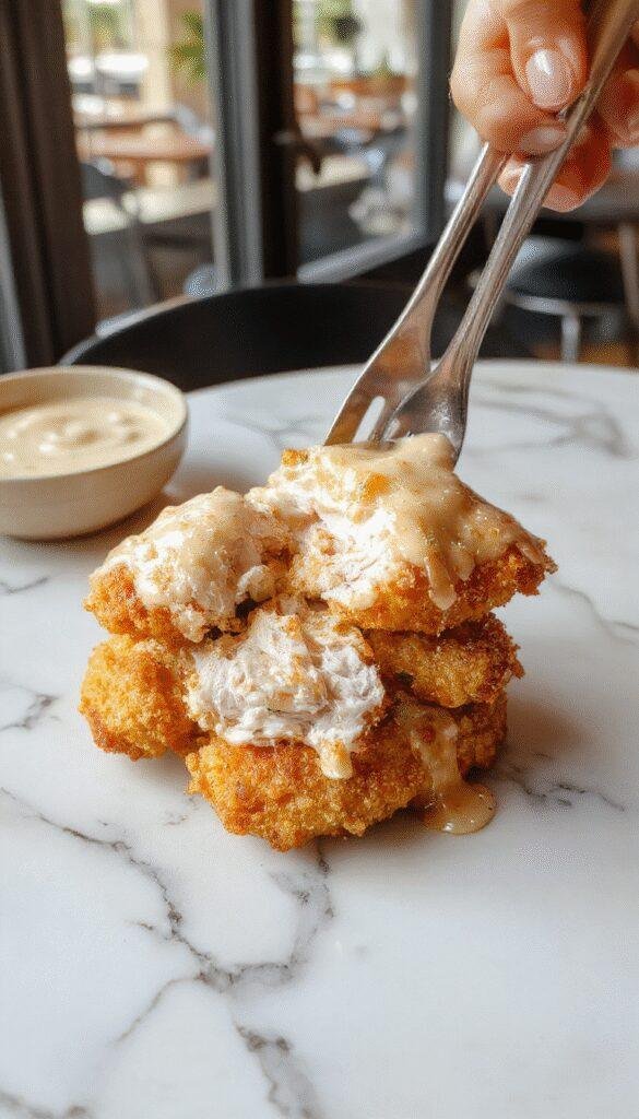 A close-up of perfectly cooked melt in your mouth chicken pieces with golden-brown crispy edges, served on a white plate garnished with fresh herbs, with a creamy sauce drizzle and colorful side vegetables, all styled on a rustic wooden table with natural lighting emphasizing the juicy textures and appealing presentation.