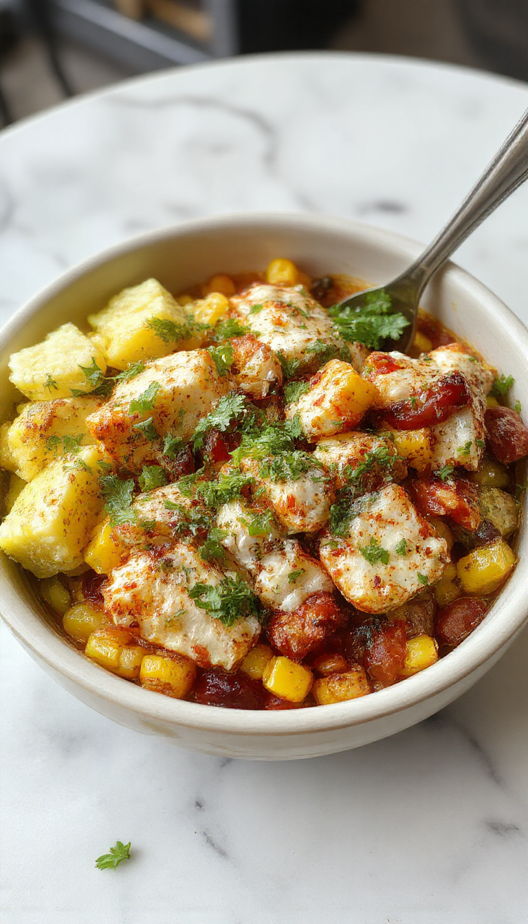 Colorful street corn chicken bowl arranged on a rustic white plate with vibrant yellow corn, juicy grilled chicken, chopped cilantro, lime wedges, and sprinkled queso fresco, styled with fresh herbs and a bright background emphasizing freshness and Southwestern flavors.