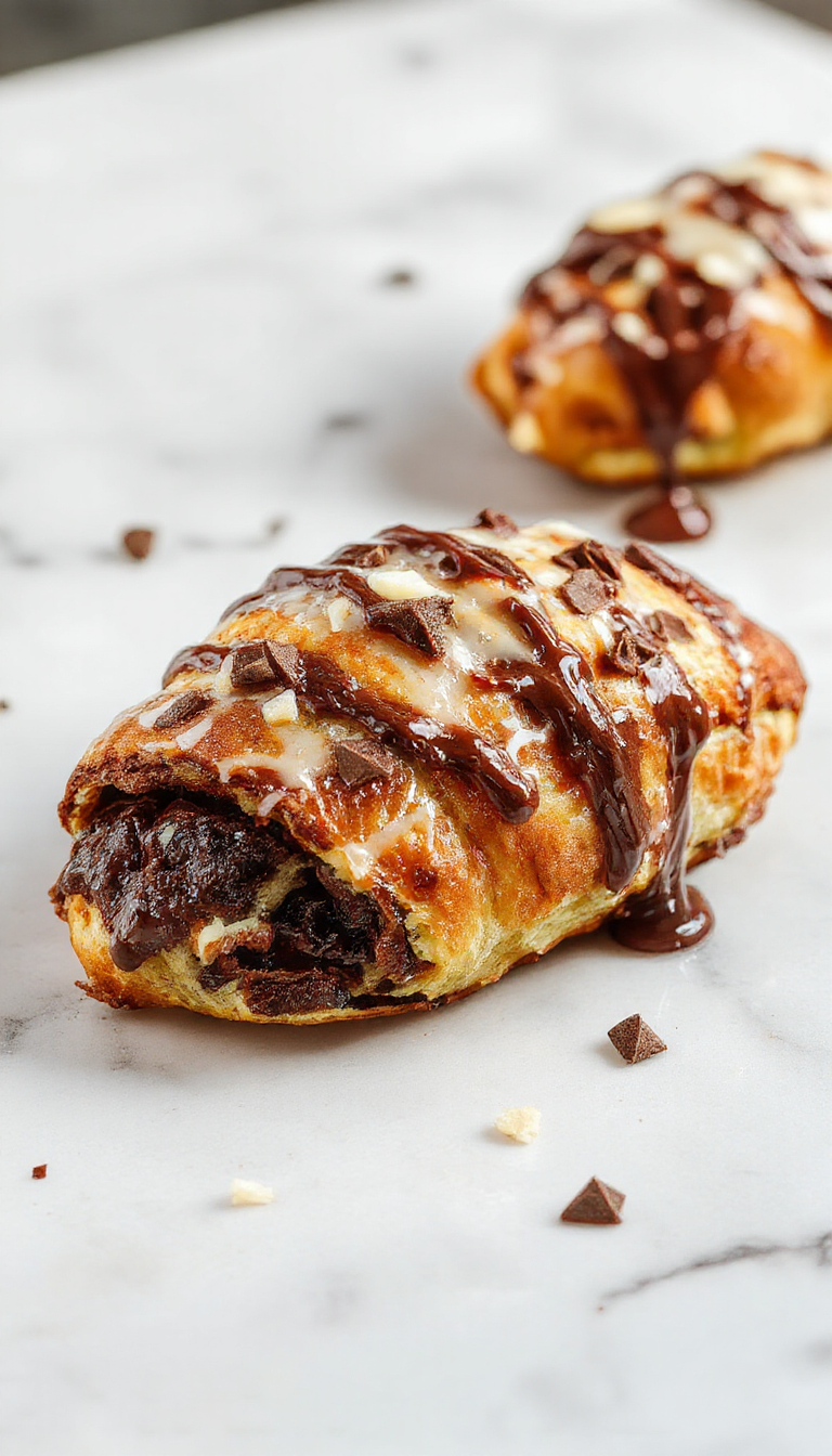 A flaky, golden chocolate croissant sitting on a rustic wooden table, drizzled with glossy chocolate glaze and dusted with powdered sugar.