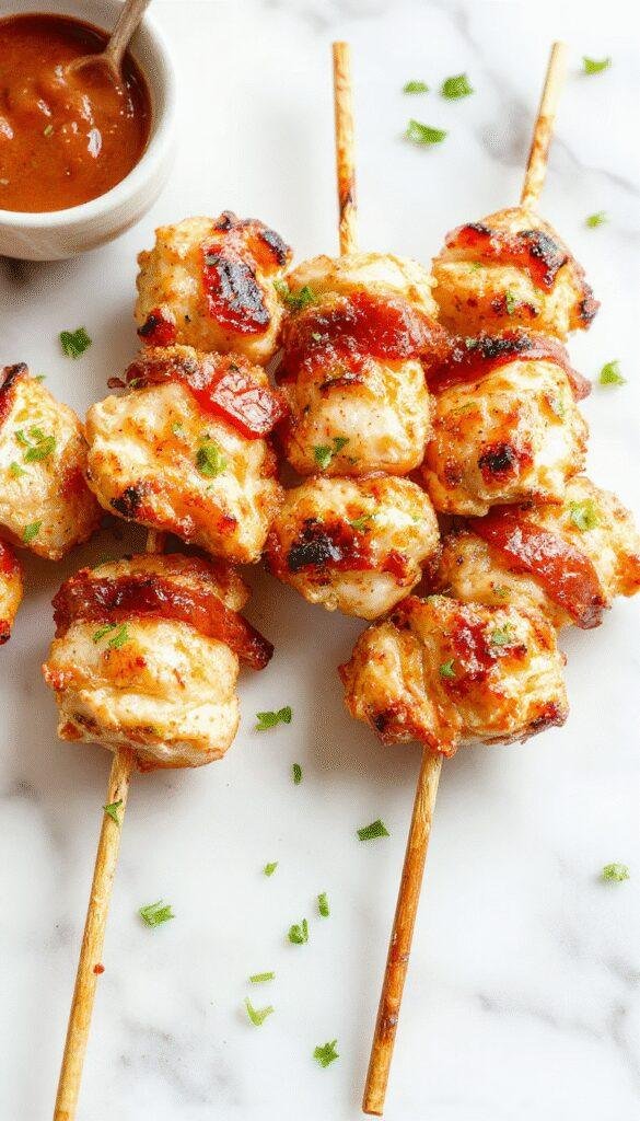 Colorful chicken skewers arranged on a white plate with vibrant red and green bell peppers, charred as the perfect grilled finish, served with fresh herbs and a drizzle of glaze, styled on a rustic wooden table with a blurred background of outdoor dining.