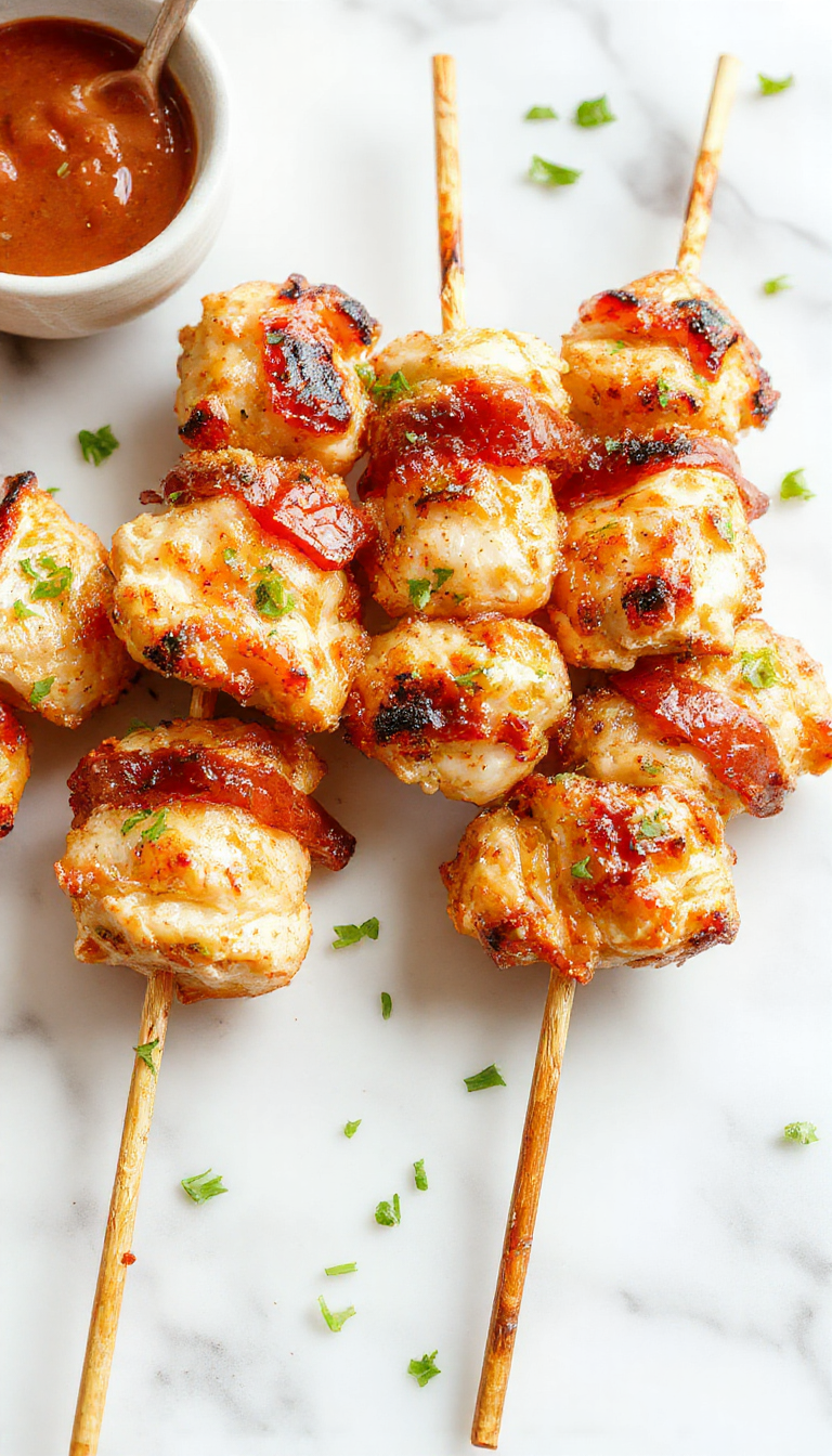 Colorful chicken skewers arranged on a white plate with vibrant red and green bell peppers, charred as the perfect grilled finish, served with fresh herbs and a drizzle of glaze, styled on a rustic wooden table with a blurred background of outdoor dining.