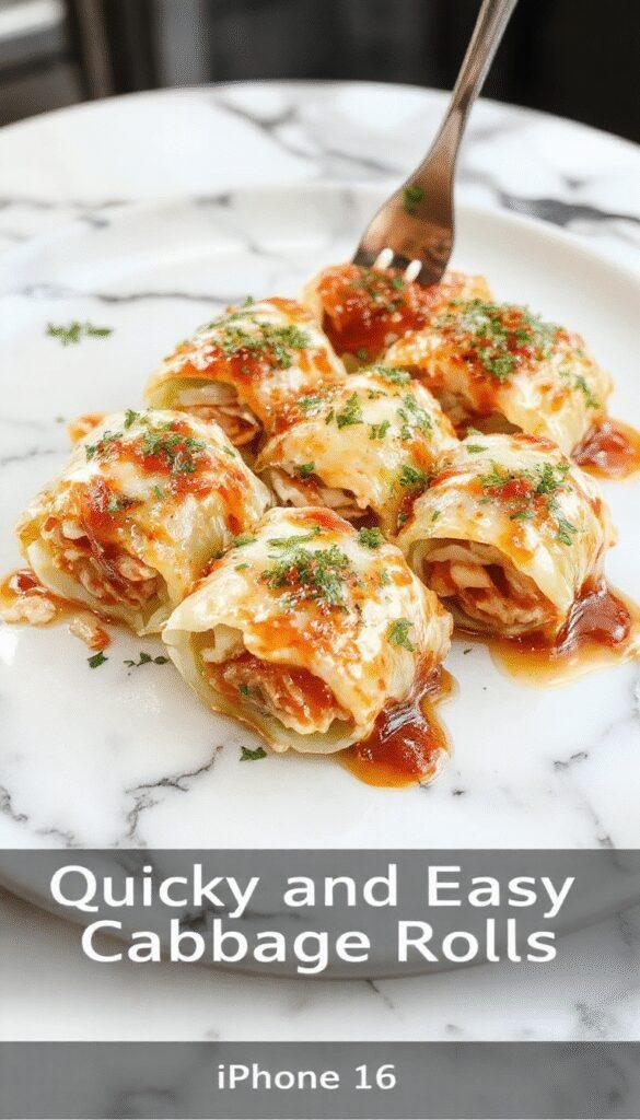 A vibrant plate featuring rolled cabbage stuffed with a savory filling, golden-brown edges, garnished with fresh herbs, served on a rustic white plate with a colorful background