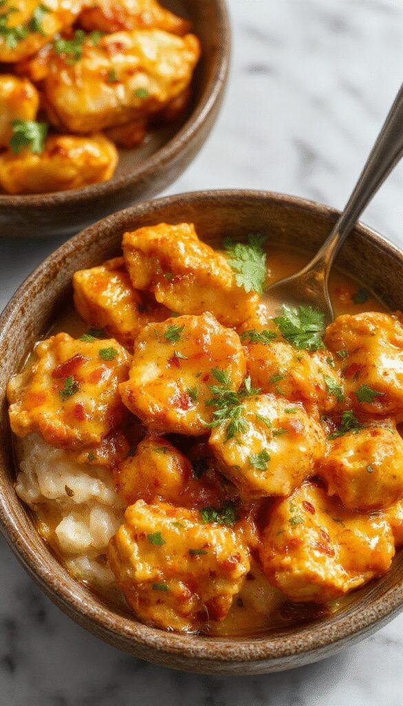 A vibrant plate of butter chicken featuring tender, golden-brown chicken chunks coated in a rich, buttery tomato sauce garnished with fresh cilantro, served on a white ceramic plate with a side of fluffy basmati rice and garnished lemon wedges. The presentation highlights the glossy, creamy texture and warm colors of the dish, styled with a rustic wooden background and soft lighting to emphasize its comforting appeal.