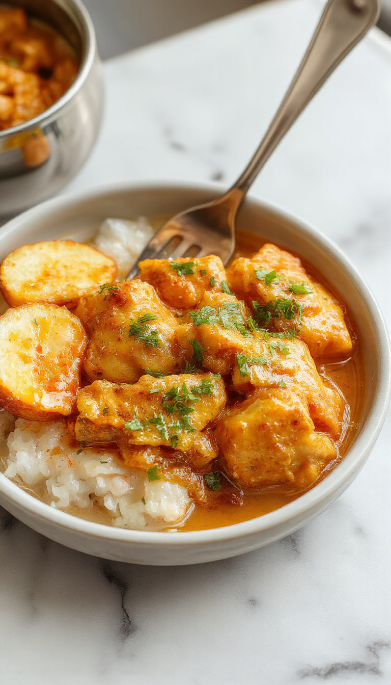 A vibrant bowl of golden-brown butter chicken topped with fresh cilantro, served alongside basmati rice. The plated dish displays tender chicken pieces in a rich, creamy tomato sauce with a hint of spice, garnished beautifully with herbs and a drizzle of cream. The background features a rustic wooden table with a side of naan bread and colorful vegetables, styled invitingly for a cozy family meal.
