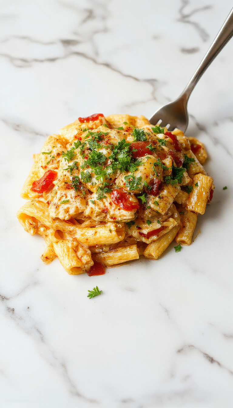 A vibrant plate of creamy Marry Me Chicken Pasta featuring tender chicken pieces coated in a rich, velvety sauce, garnished with fresh herbs and served alongside al dente pasta, all presented on a rustic wooden table with a drizzle of sauce for an inviting and appetizing look.