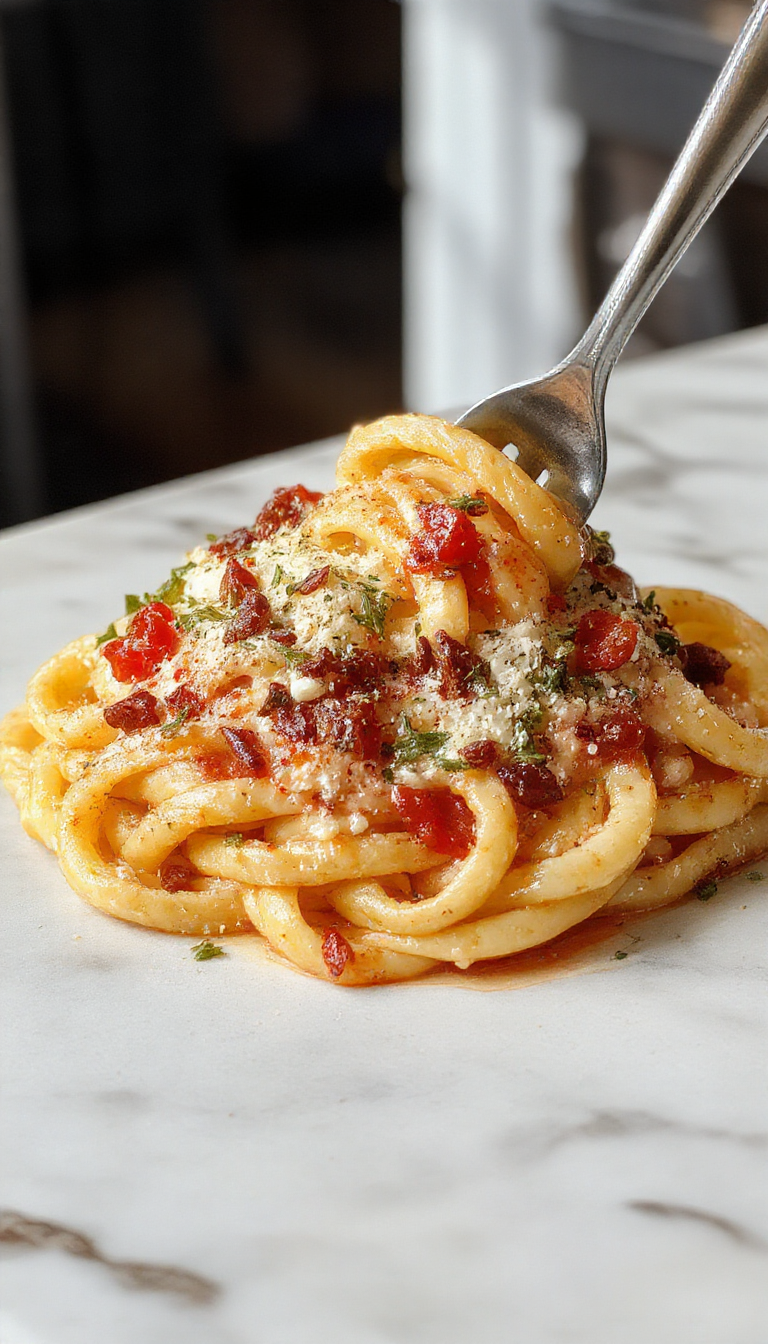 A vibrant plate of Marry Me Tortellini featuring golden-brown tortellini filled with cheese, drizzled with basil pesto, garnished with cherry tomatoes and grated Parmesan, styled elegantly on a rustic white plate with fresh herbs around.