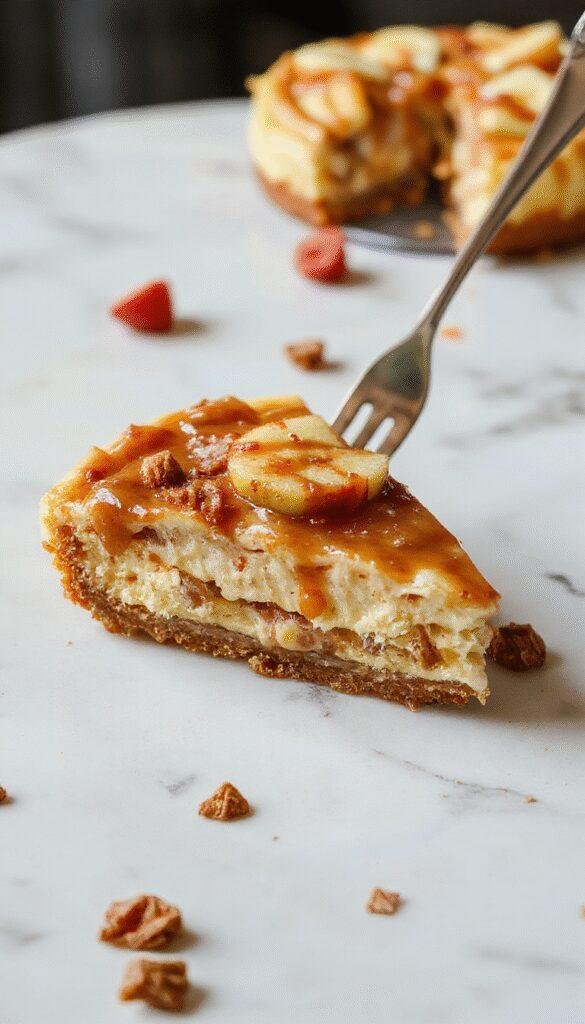 A luscious slice of salted caramel apple pie cheesecake on a white plate, topped with caramel sauce and apple slices, with a crumble crust and vibrant caramel drizzle, styled with a rustic wooden backdrop and soft natural lighting.