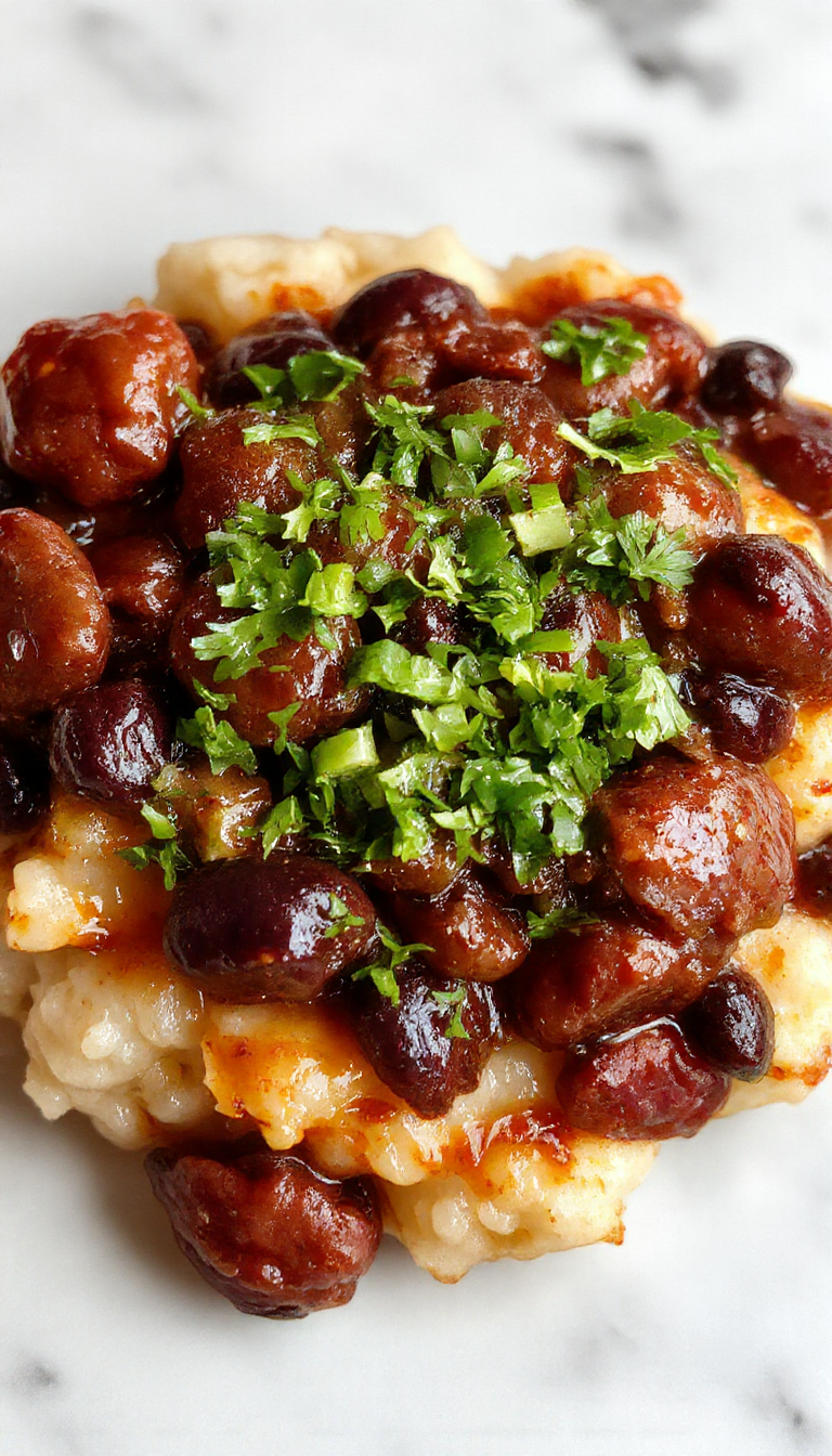 A vibrant plate featuring black beans and fluffy white rice topped with slices of browned sausage, garnished with fresh herbs. The dish is beautifully plated with colorful sides in a rustic bowl, textures contrasting from the glossy beans to the crispy sausage and fluffy rice, styled with sprigs of parsley for an inviting presentation.