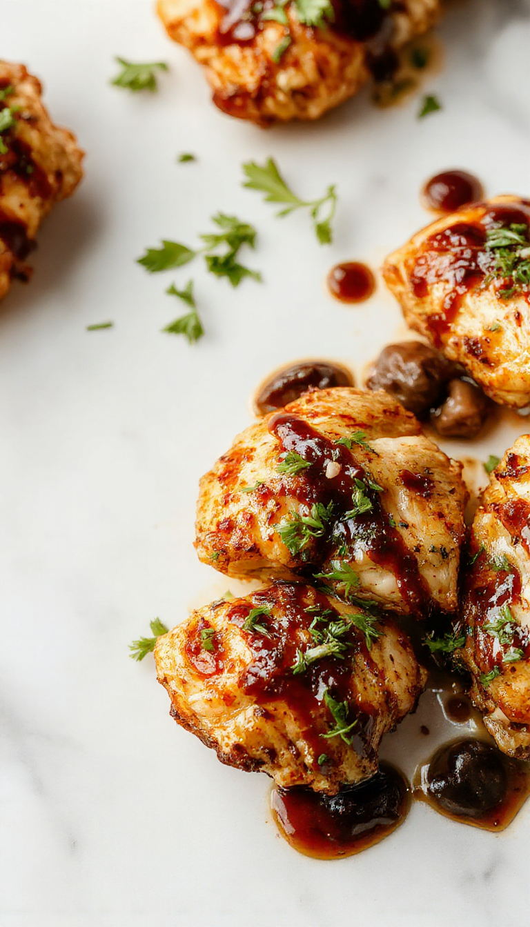 Colorful balsamic chicken sizzling in a shiny skillet with caramelized edges, garnished with fresh herbs and vibrant cherry tomatoes. The dish is beautifully plated with a glossy glaze, highlighting tender chicken breasts topped with fresh parsley and drizzled with balsamic reduction. The background features a rustic wooden table with a side of green vegetables.