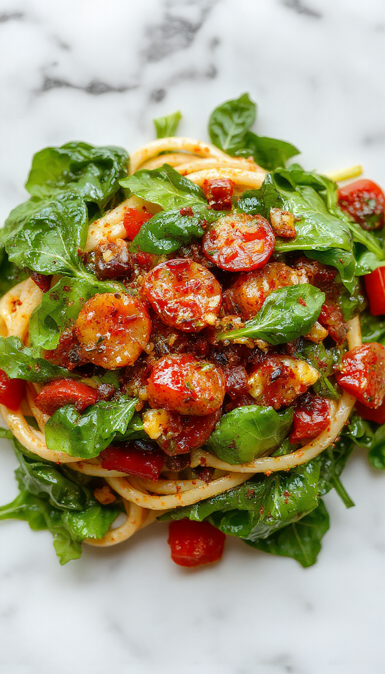 A vibrant bowl of vegetarian pasta featuring fresh green spinach leaves and bright red cherry tomatoes atop al dente spaghetti, drizzled with olive oil and garnished with grated cheese, styled on a rustic wooden table scene