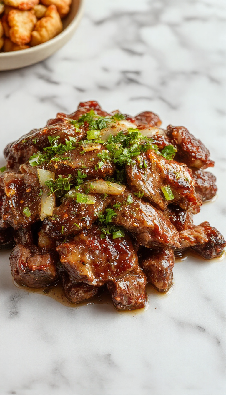Colorful sizzling Chinese pepper steak served on a white plate with vibrant red and green bell peppers, glossy onions, and tender beef strips, garnished with chopped scallions and sesame seeds, all styled on a rustic wooden table with chopsticks beside.