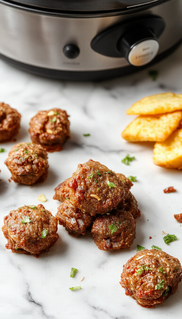 A plate of tender slow cooker beef bites garnished with fresh herbs, served alongside roasted vegetables and mashed potatoes for a hearty dinner.