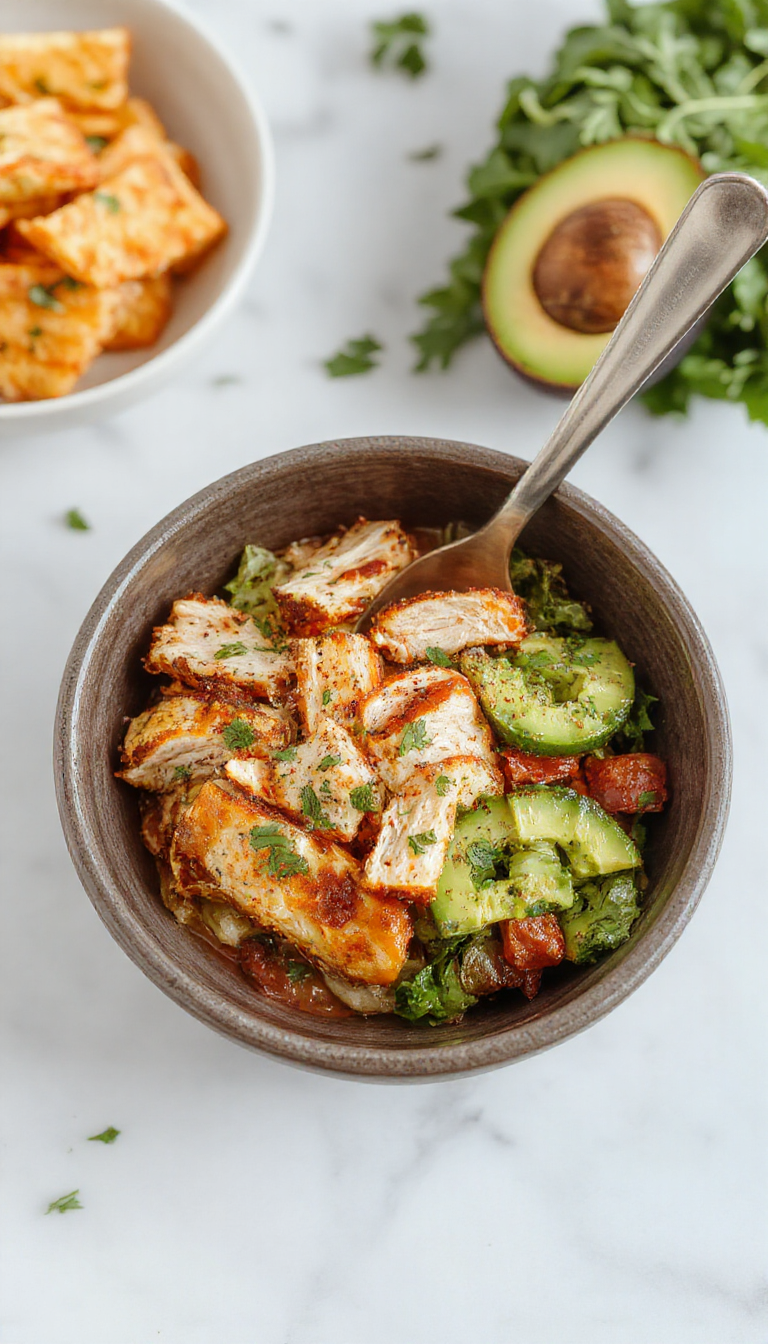 A vibrant chicken burrito bowl served in a white ceramic dish, featuring tender shredded chicken, colorful diced tomatoes, black beans, corn, fresh cilantro, and creamy avocado slices. The bowl is garnished with shredded cheese and a dollop of sour cream, with a rustic wooden background and a lime wedge for color contrast.